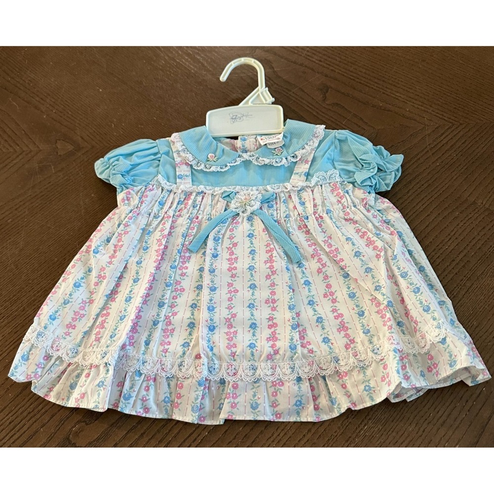 Vintage 80s Cotton Candy Baby Dress 9 Months Pink Blue Ruffle Trim